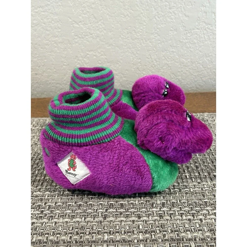 Vintage Barney The Dinosaur Slippers Plush 90s Kids Size 7-8 Purple Green 1993